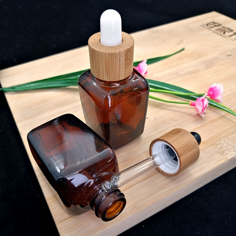 30ml amber square dropper bottle Eco-friendly bamboo cap Cosmetic essential oil aromatherapy Container packaging