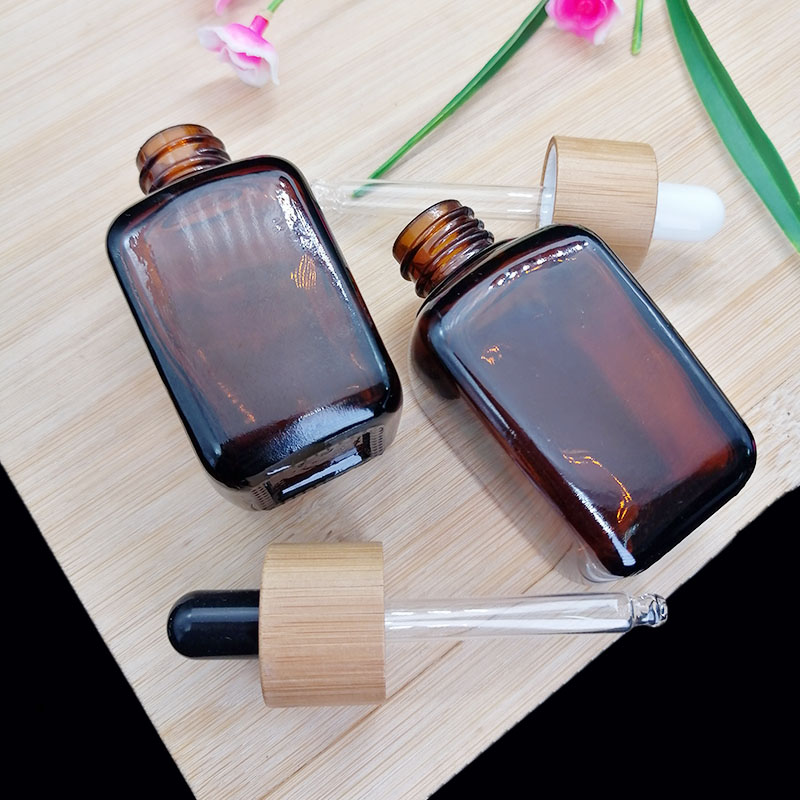 30ml amber square dropper bottle Eco-friendly bamboo cap Cosmetic essential oil aromatherapy Container packaging