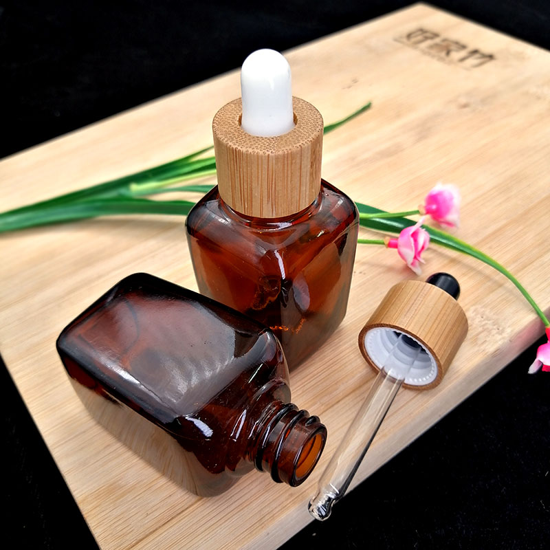 30ml amber square dropper bottle Eco-friendly bamboo cap Cosmetic essential oil aromatherapy Container packaging