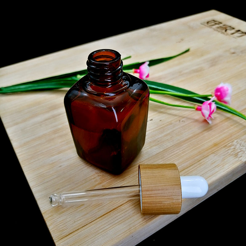 30ml amber square dropper bottle Eco-friendly bamboo cap Cosmetic essential oil aromatherapy Container packaging