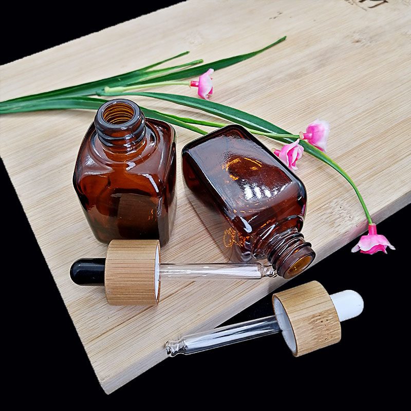 30ml amber square dropper bottle Eco-friendly bamboo cap Cosmetic essential oil aromatherapy Container packaging