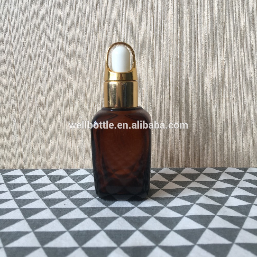 30ml amber square perfume bottle with dark wooden dropper cap Square-04R