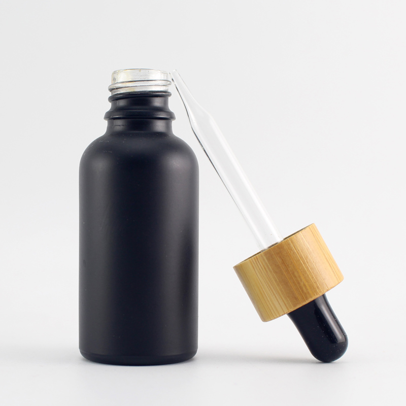 30ml bamboo cap essential oil bottle matte black frosted glass bottle bamboo lid