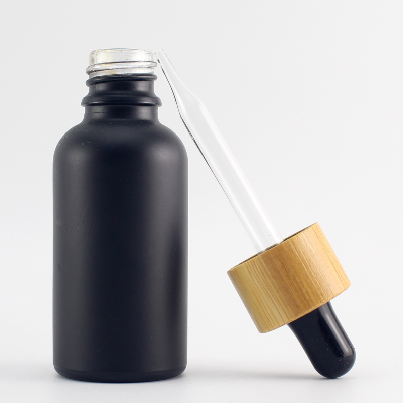 30ml bamboo cap essential oil bottle matte black frosted glass bottle bamboo lid