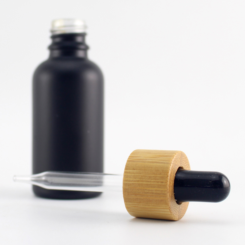 30ml bamboo cap essential oil bottle matte black frosted glass bottle bamboo lid