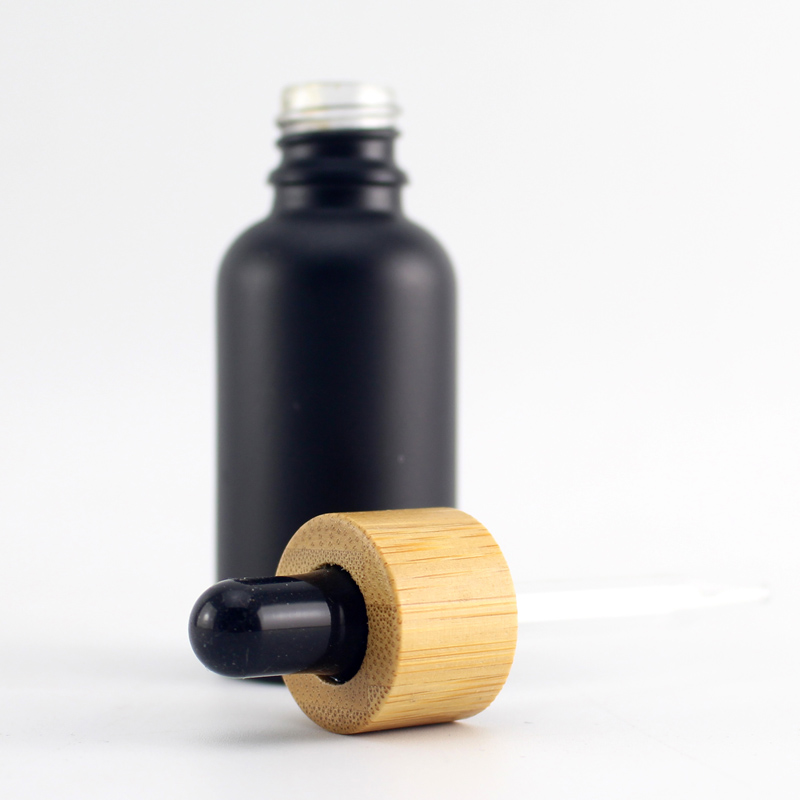 30ml bamboo cap essential oil bottle matte black frosted glass bottle bamboo lid