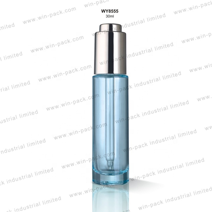 30ml blue cosmetic serum glass press button dropper bottle with golden or silver pump dropper for essential oils