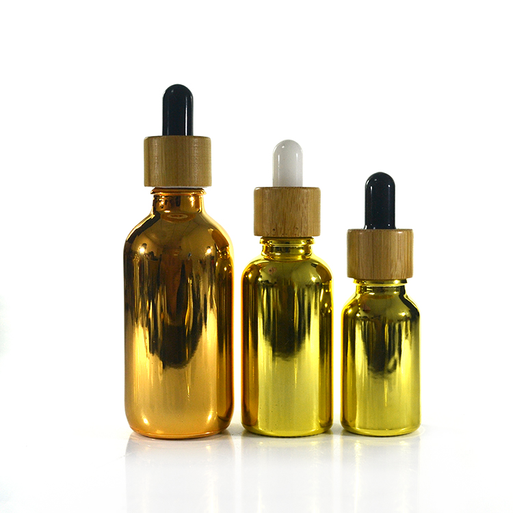 30ml boston round e cig oil dropper glass bottle/1oz round eliquid dropper gold plated silver platiglass bottle with bamboo cap