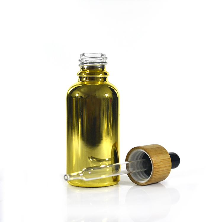 30ml boston round e cig oil dropper glass bottle/1oz round eliquid dropper gold plated silver platiglass bottle with bamboo cap