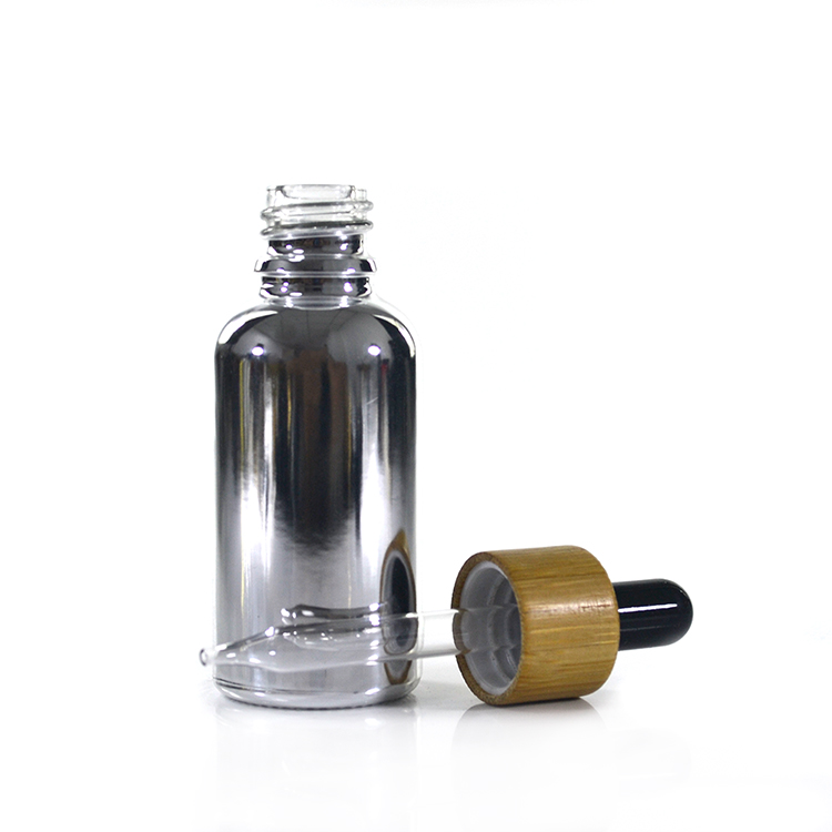30ml boston round e cig oil dropper glass bottle/1oz round eliquid dropper gold plated silver platiglass bottle with bamboo cap