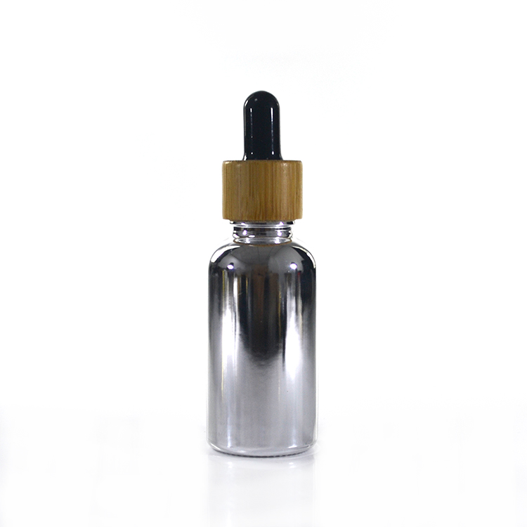 30ml boston round e cig oil dropper glass bottle/1oz round eliquid dropper gold plated silver platiglass bottle with bamboo cap