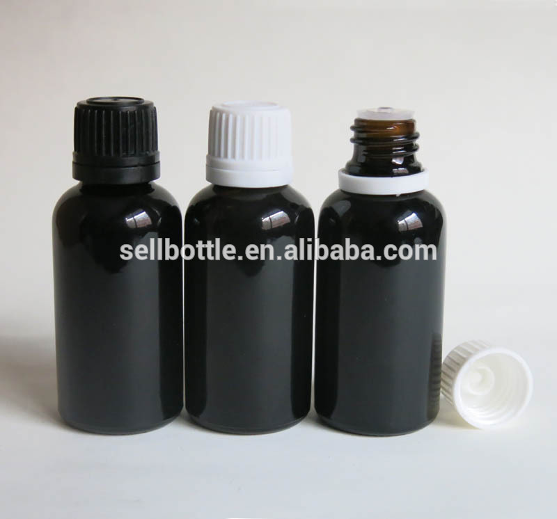 30ml boston round shape black glass essential oil bottle with tamper proof cap