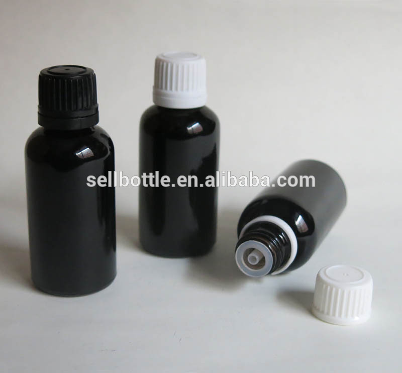 30ml boston round shape black glass essential oil bottle with tamper proof cap