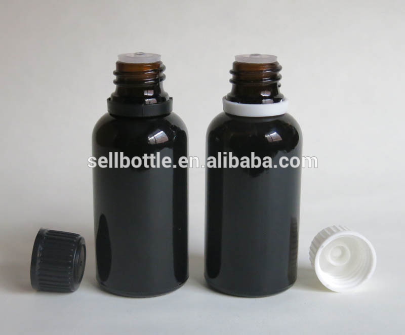 30ml boston round shape black glass essential oil bottle with tamper proof cap