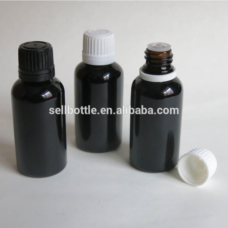 30ml boston round shape black glass essential oil bottle with tamper proof cap
