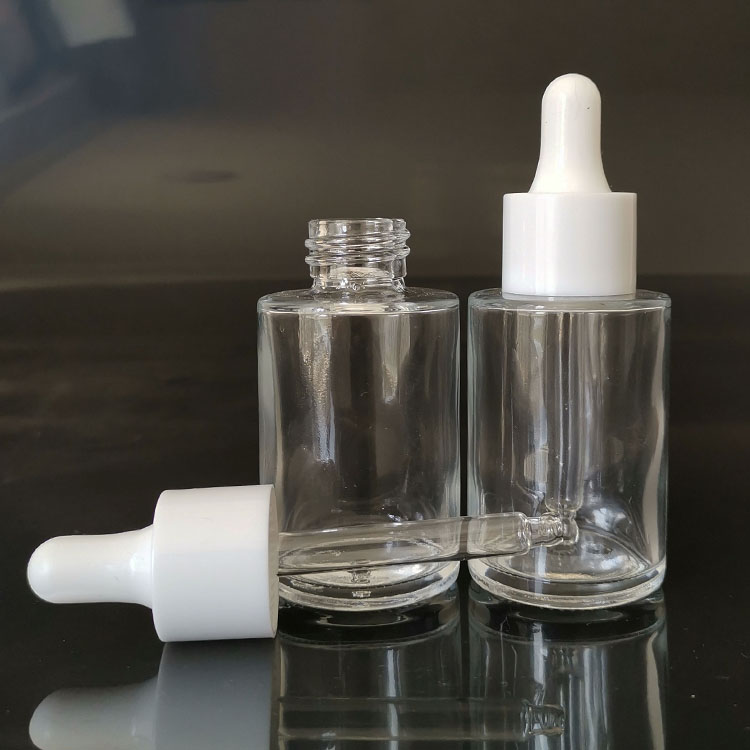 30ml clear Cylinder Flat Shoulder 30ml clear Glass Bottle with white screw cap