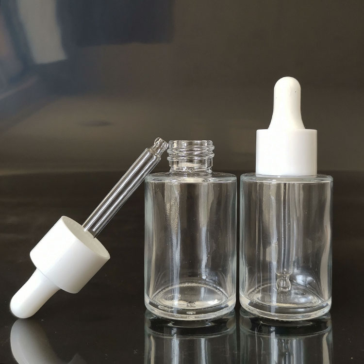 30ml clear Cylinder Flat Shoulder 30ml clear Glass Bottle with white screw cap