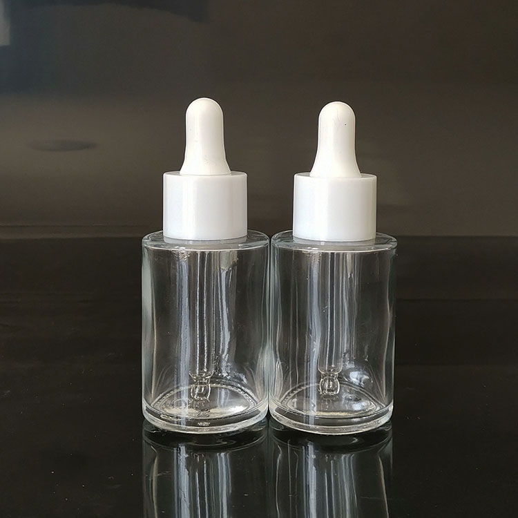 30ml clear Cylinder Flat Shoulder 30ml clear Glass Bottle with white screw cap
