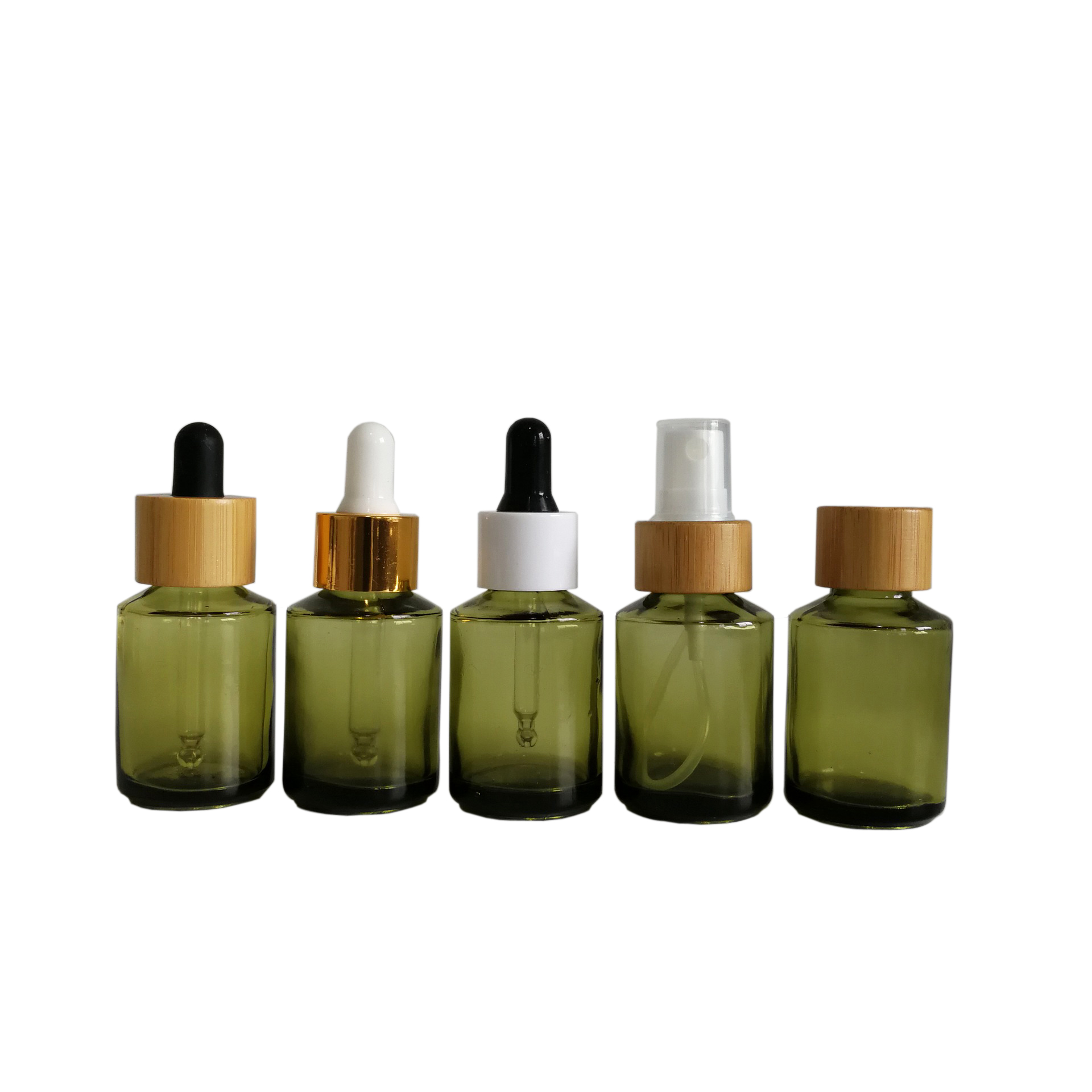 30ml clear Olive green glass slant shoulder CBD oil skincare essential oil dropper bottle with bamboo plastic aluminum lid top