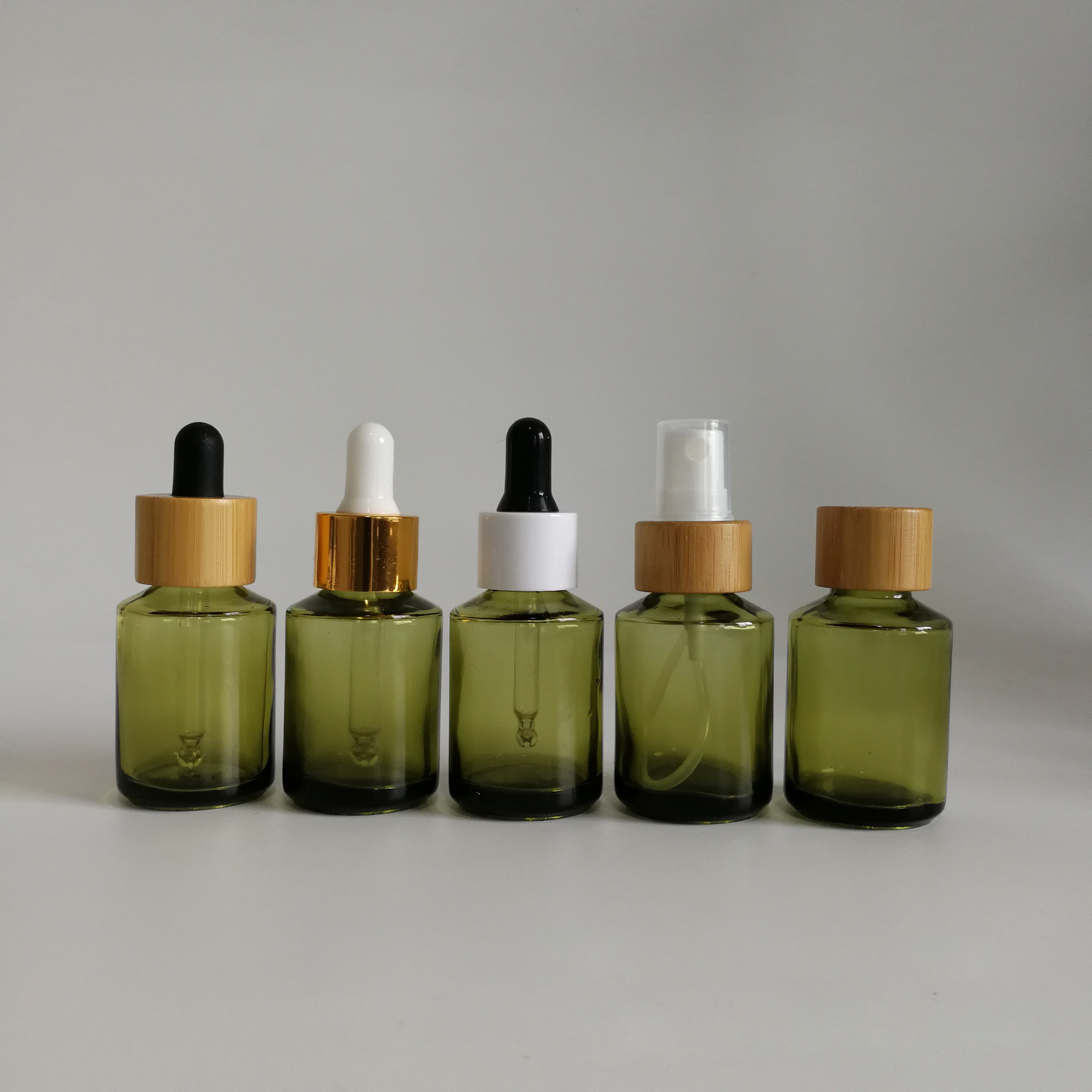 30ml clear Olive green glass slant shoulder CBD oil skincare essential oil dropper bottle with bamboo plastic aluminum lid top