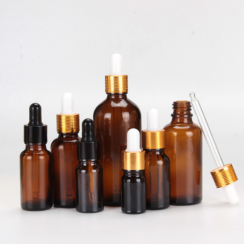 30ml clear amber glass dropper bottle with glossy black dropper for cosmetics
