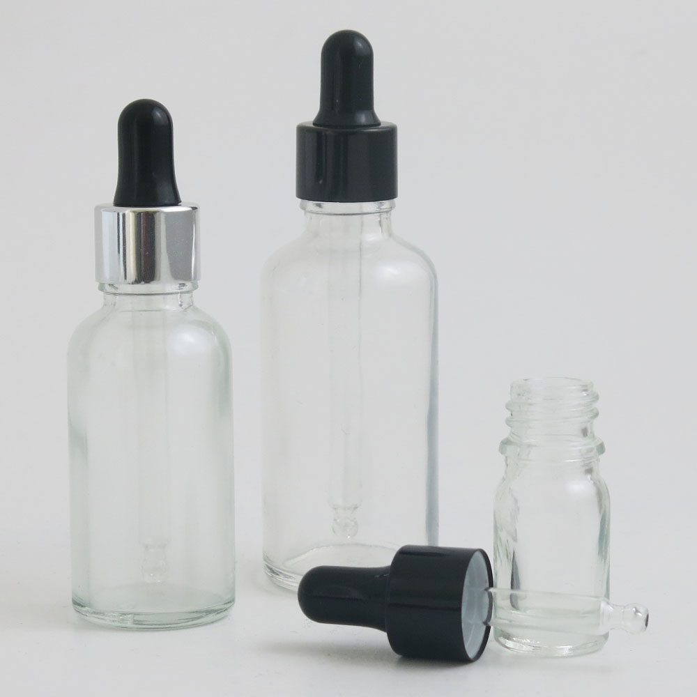 30ml clear amber glass dropper bottle with glossy black dropper for cosmetics