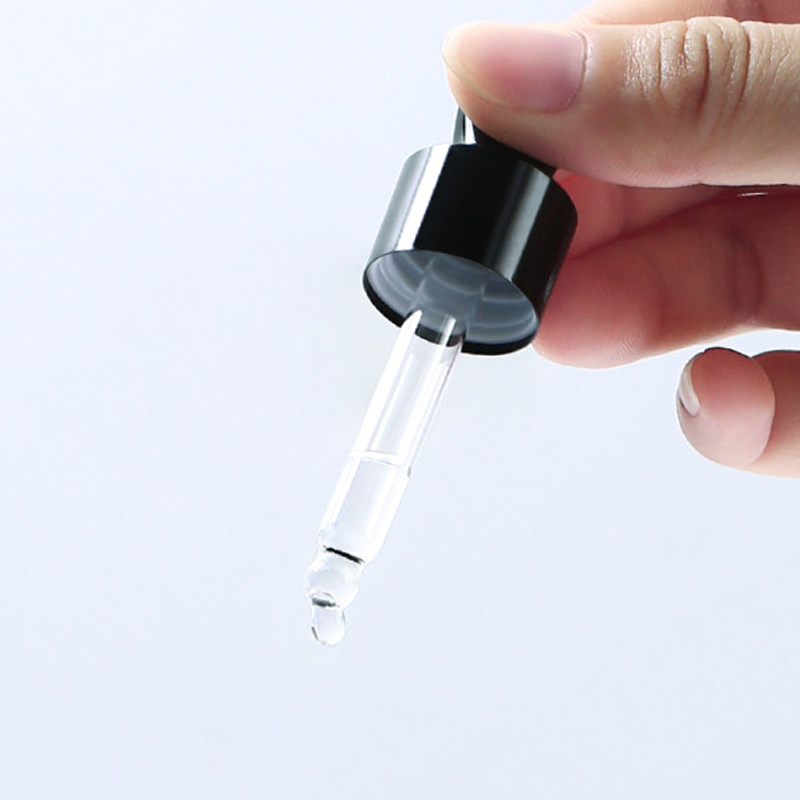 30ml clear amber glass dropper bottle with glossy black dropper for cosmetics