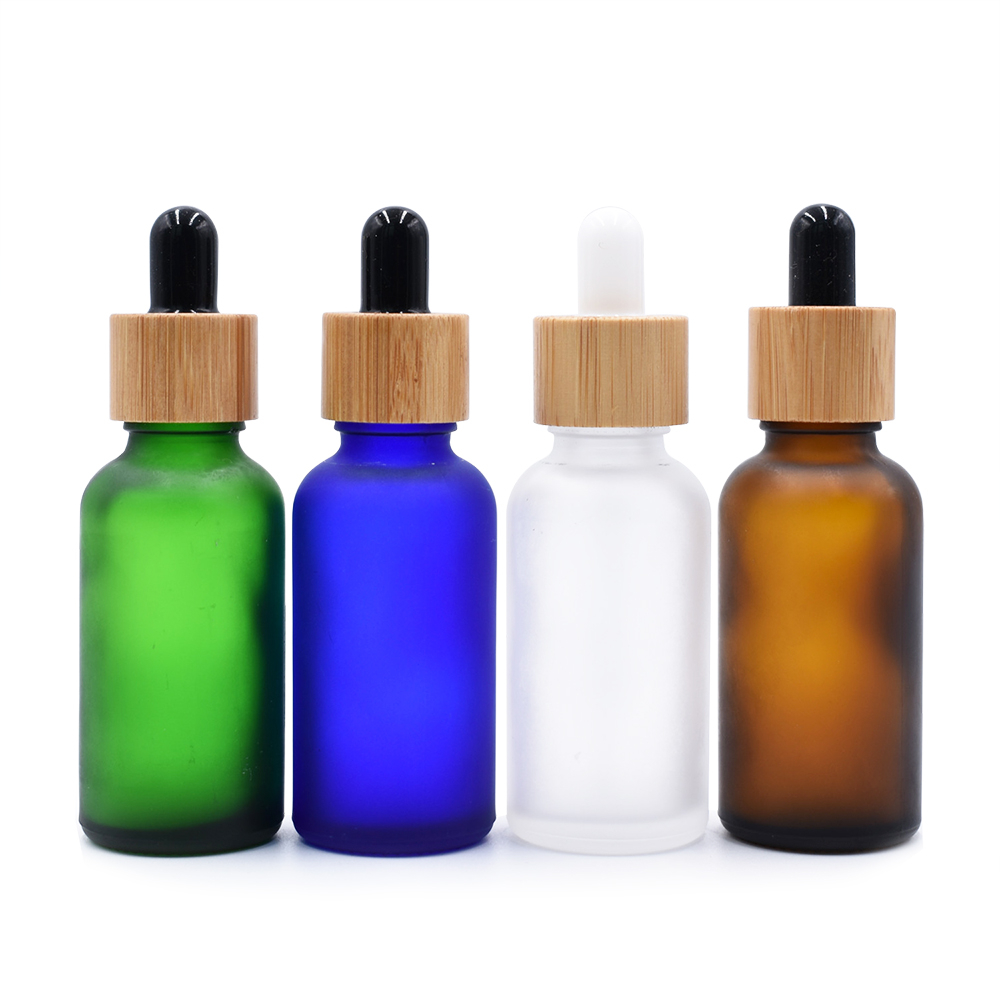 30ml clear amber round essential oil glass dropper bamboo cap bottle for cosmetic with wooden pump lid