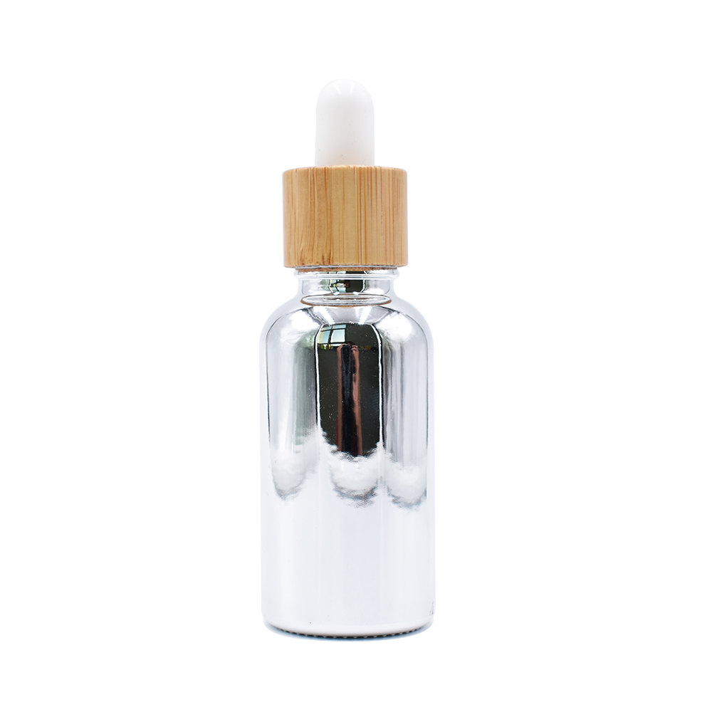 30ml clear amber round essential oil glass dropper bamboo cap bottle for cosmetic with wooden pump lid