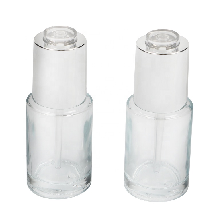 30ml clear cosmetic essential oil press pump dropper bottle with silver press dropper