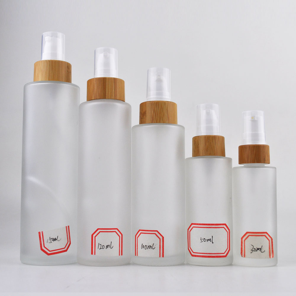 30ml clear frosted flat shoulder glass bottle with bamboo spray 50ml glass spray bottle with bamboo cap