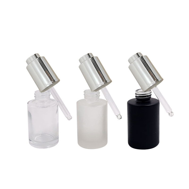 30ml clear frosted square cosmetic essential oil serum glass press pump dropper bottle with press dropper