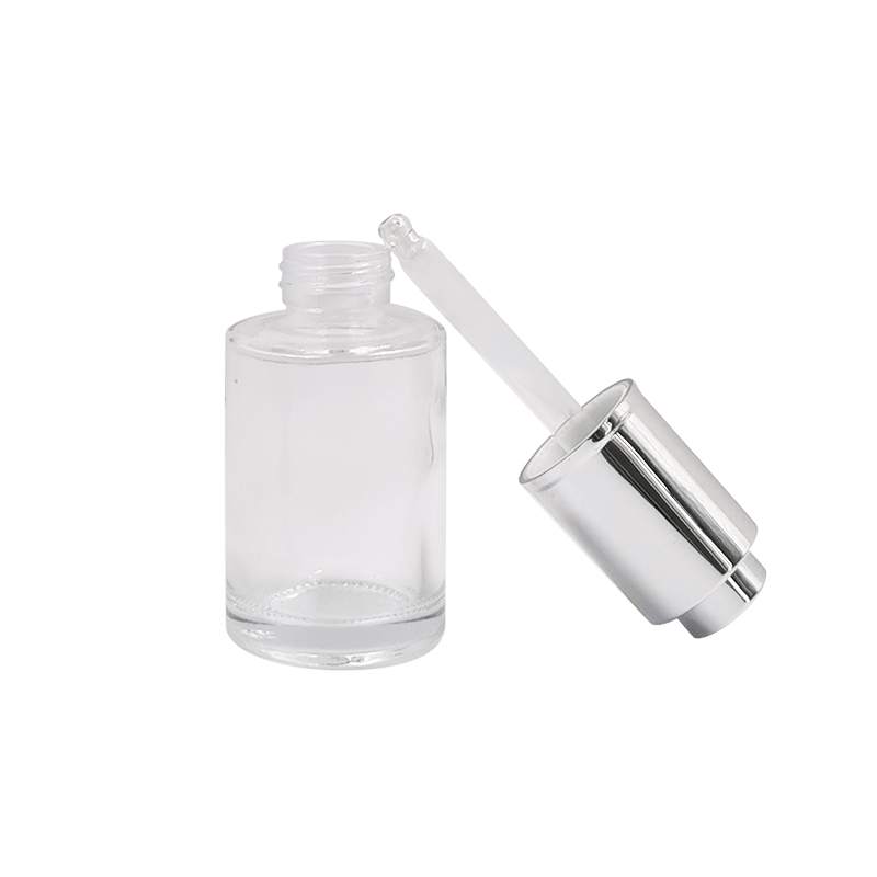 30ml clear frosted square cosmetic essential oil serum glass press pump dropper bottle with press dropper