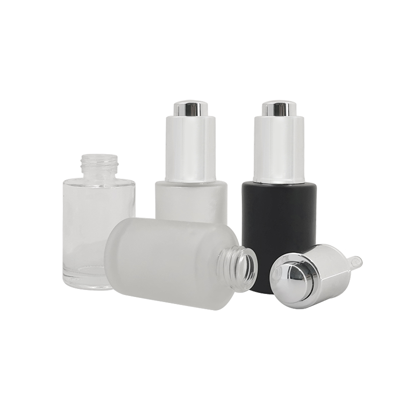 30ml clear frosted square cosmetic essential oil serum glass press pump dropper bottle with press dropper