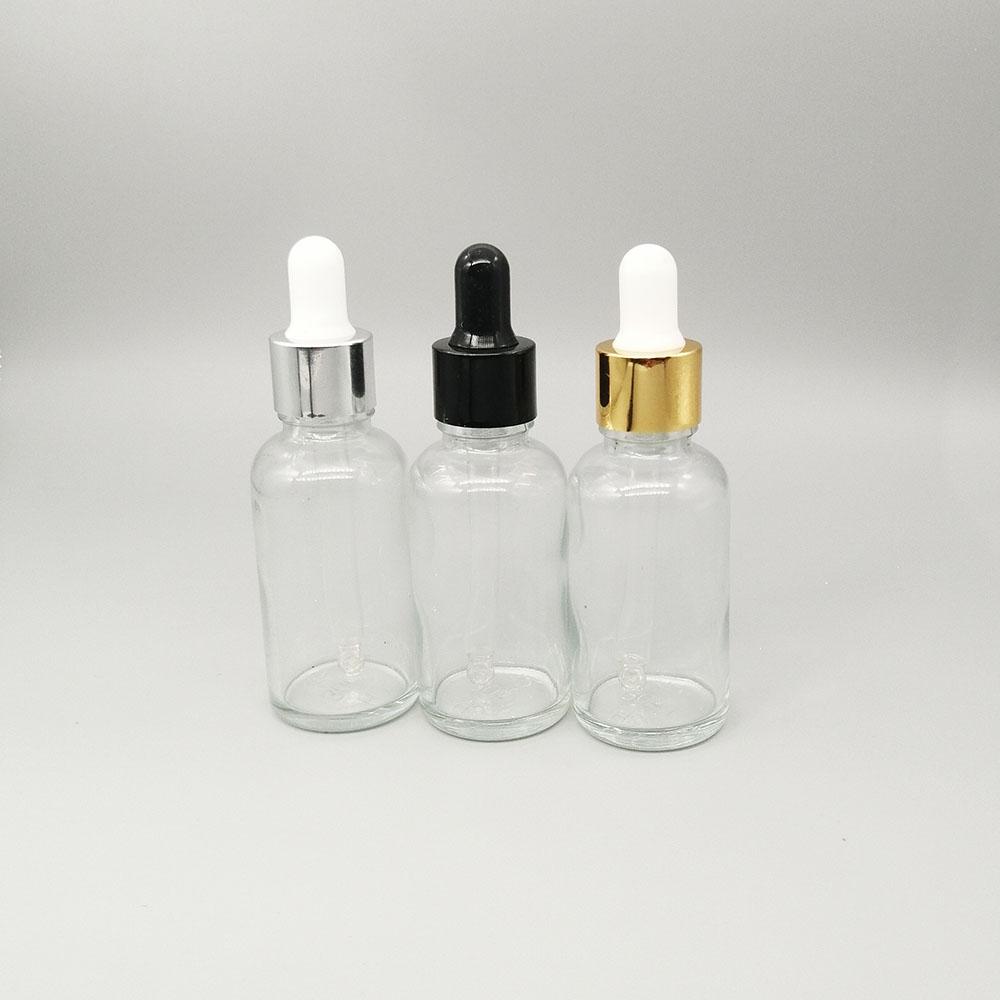 30ml clear glass dropper bottle essential oil empty bottle container with metal anodized aluminum lid