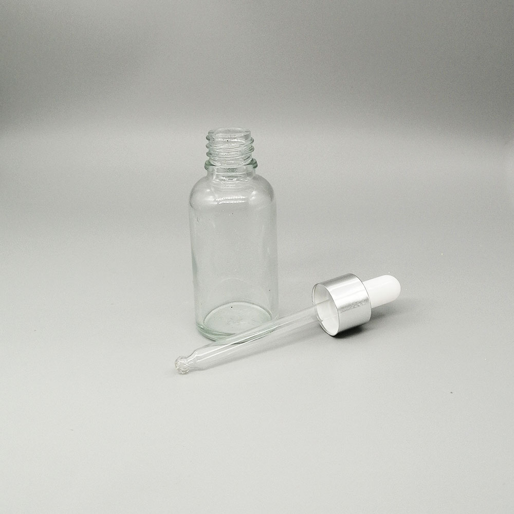 30ml clear glass dropper bottle essential oil empty bottle container with metal anodized aluminum lid
