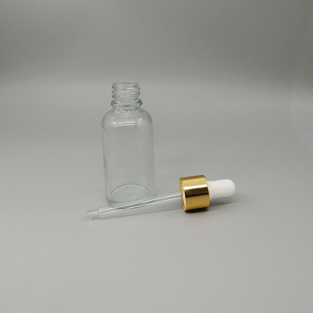 30ml clear glass dropper bottle essential oil empty bottle container with metal anodized aluminum lid