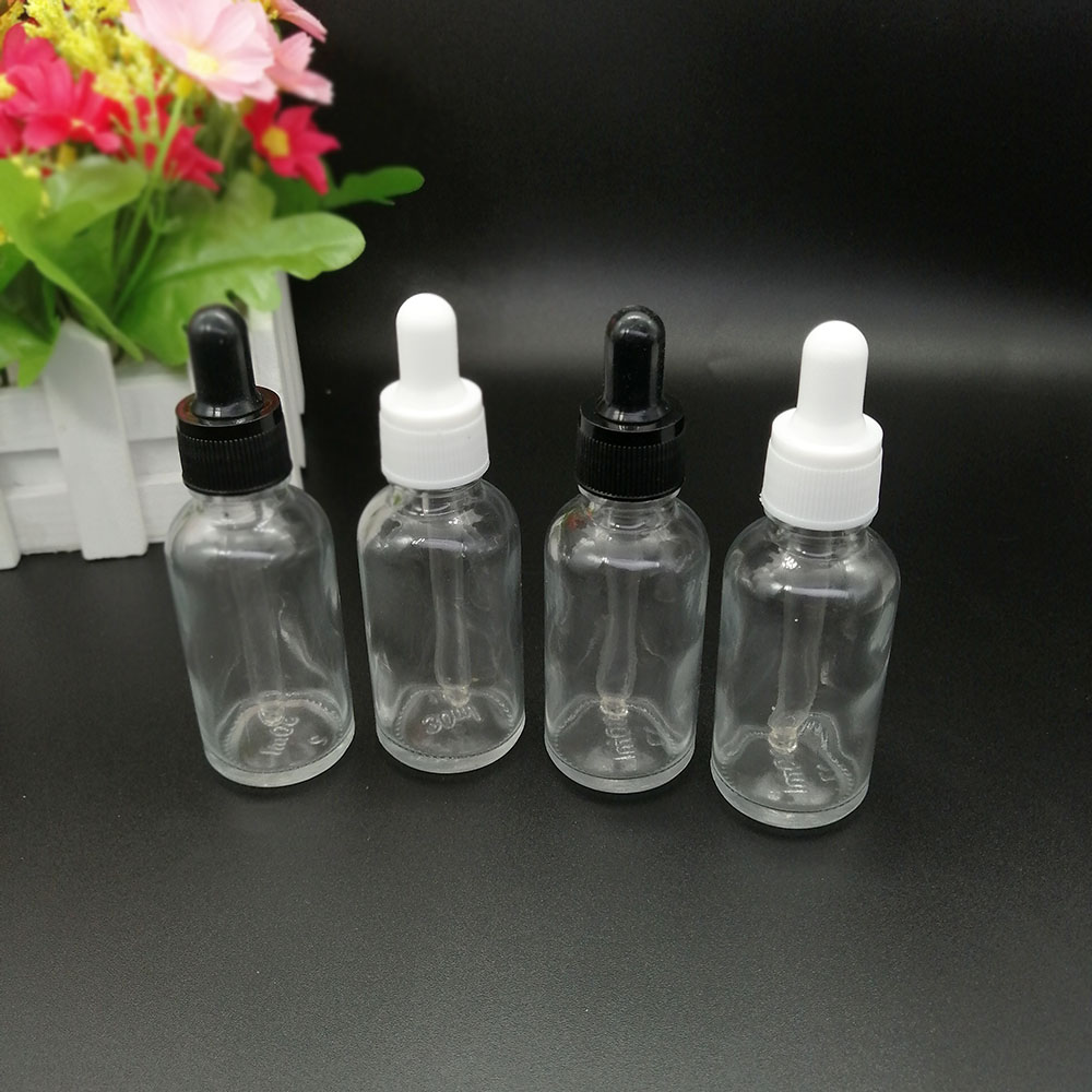 30ml clear glass dropper bottle essential oil empty bottle lotion essence water packaging container black white plastic lid