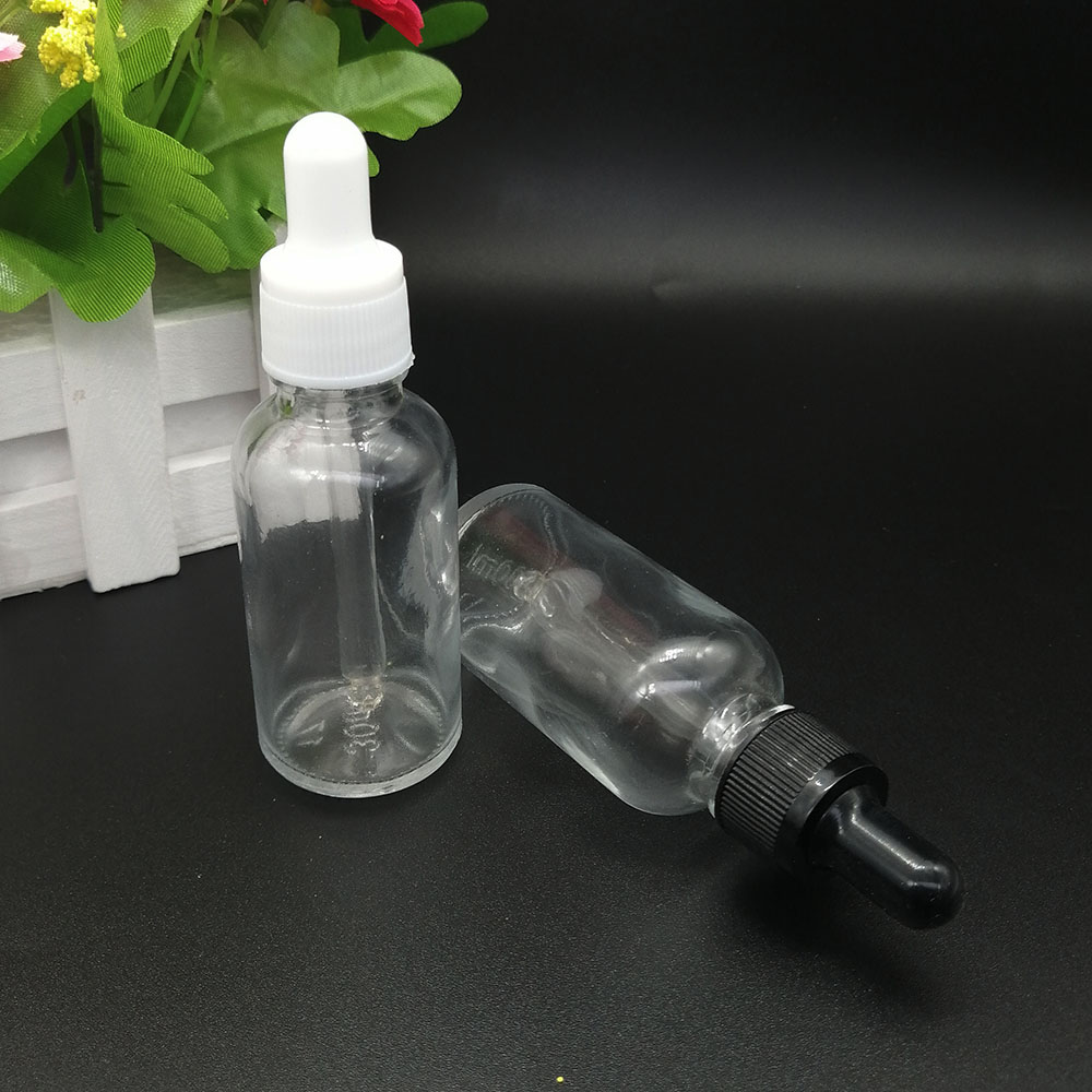 30ml clear glass dropper bottle essential oil empty bottle lotion essence water packaging container black white plastic lid