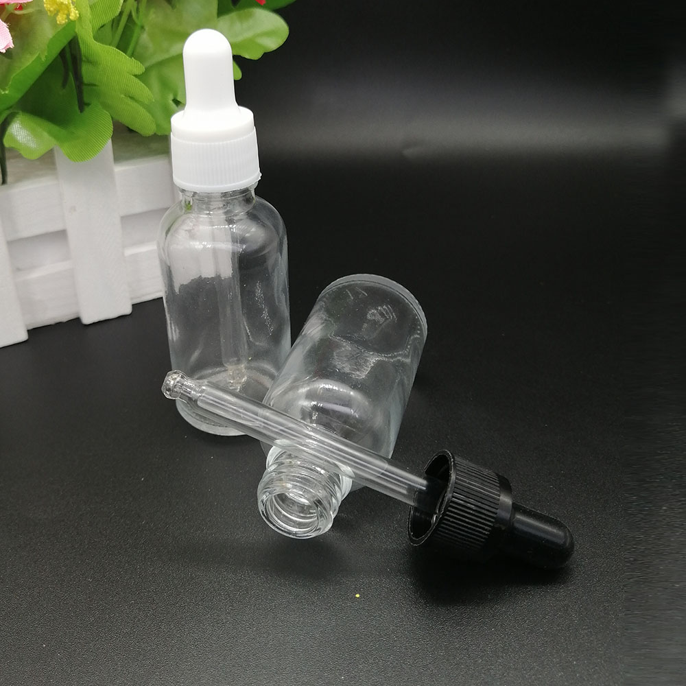 30ml clear glass dropper bottle essential oil empty bottle lotion essence water packaging container black white plastic lid