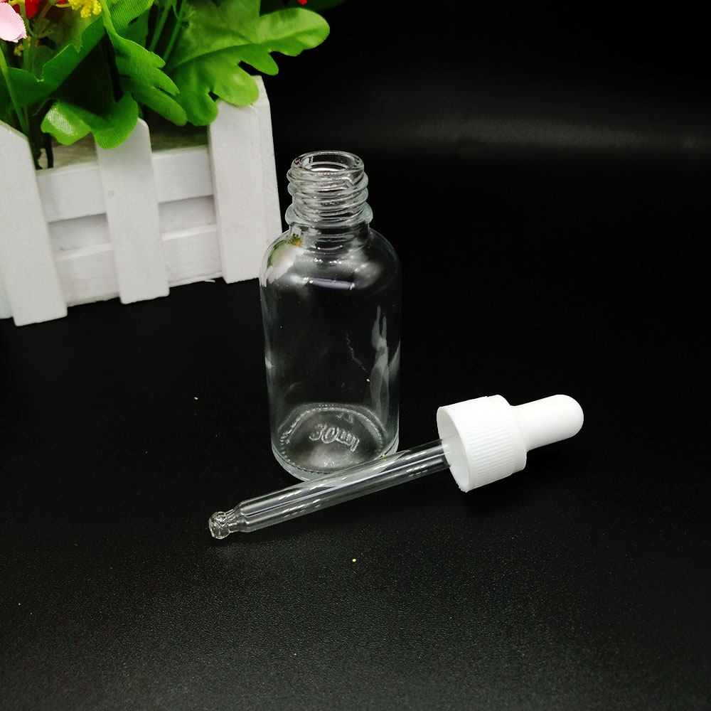 30ml clear glass dropper bottle essential oil empty bottle lotion essence water packaging container black white plastic lid