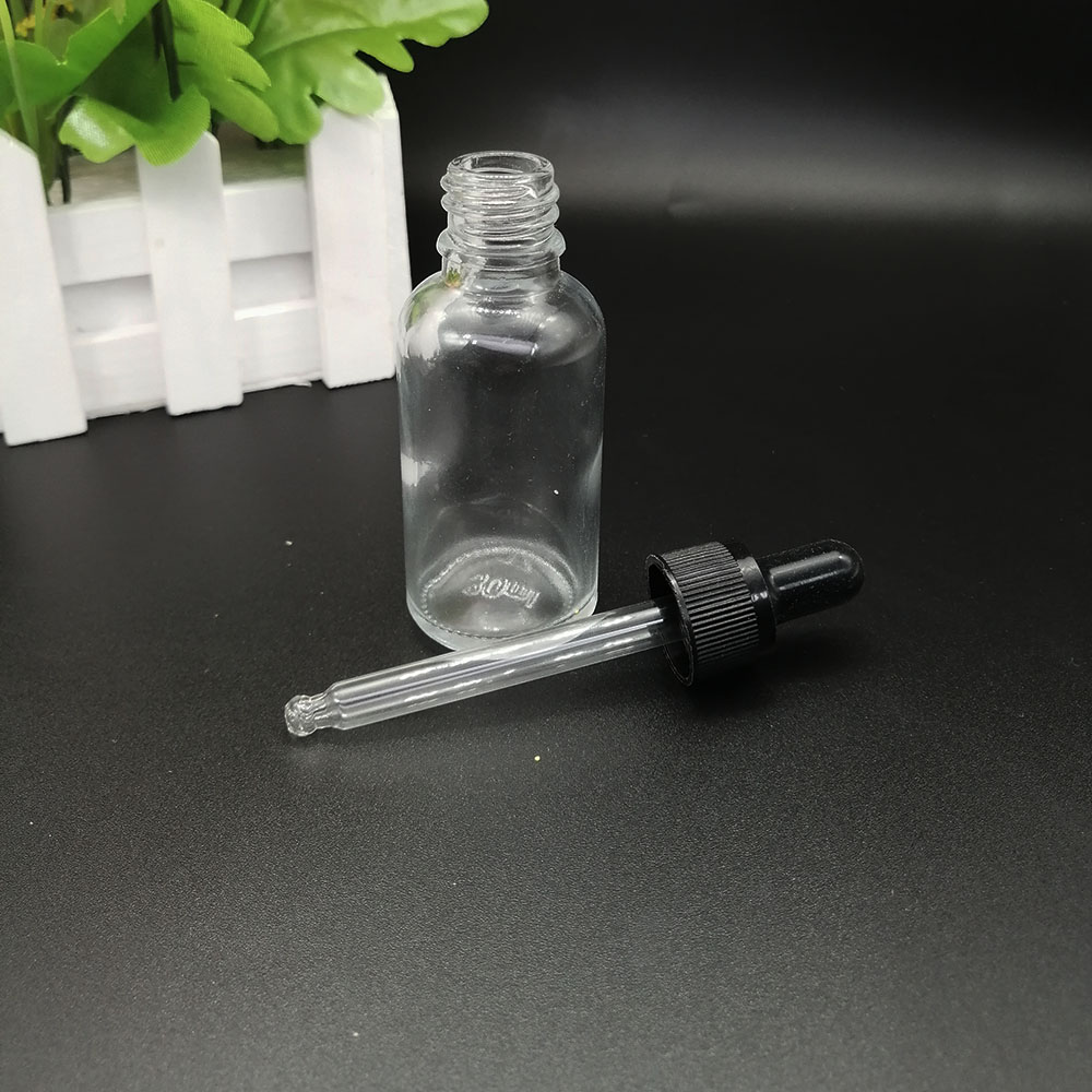 30ml clear glass dropper bottle essential oil empty bottle lotion essence water packaging container black white plastic lid