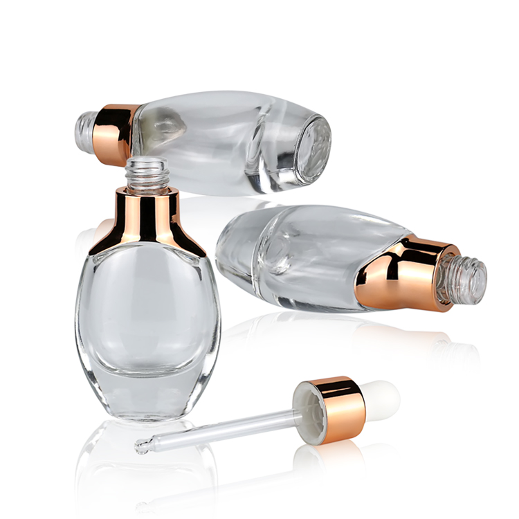 30ml clear glass dropper bottle with gold plating with white rubber