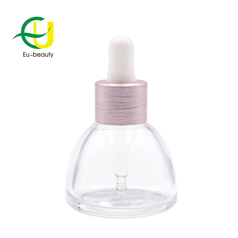 30ml clear glass dropper  bottle   with pink  aluminum collar with white silicone head