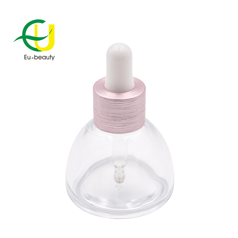 30ml clear glass dropper bottle with pink aluminum collar with white silicone head