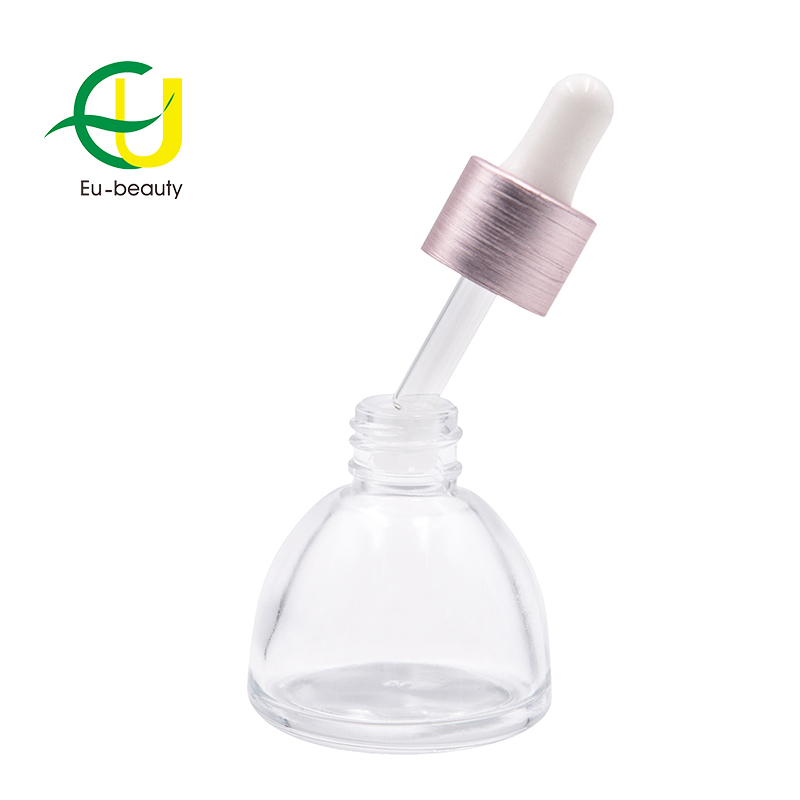 30ml clear glass dropper bottle with pink aluminum collar with white silicone head