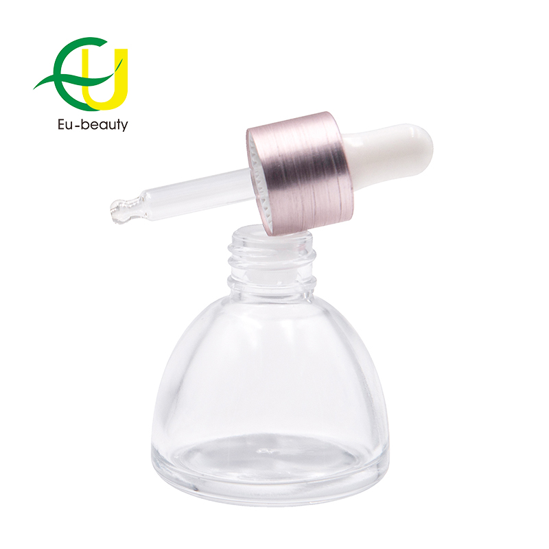 30ml clear glass dropper bottle with pink aluminum collar with white silicone head