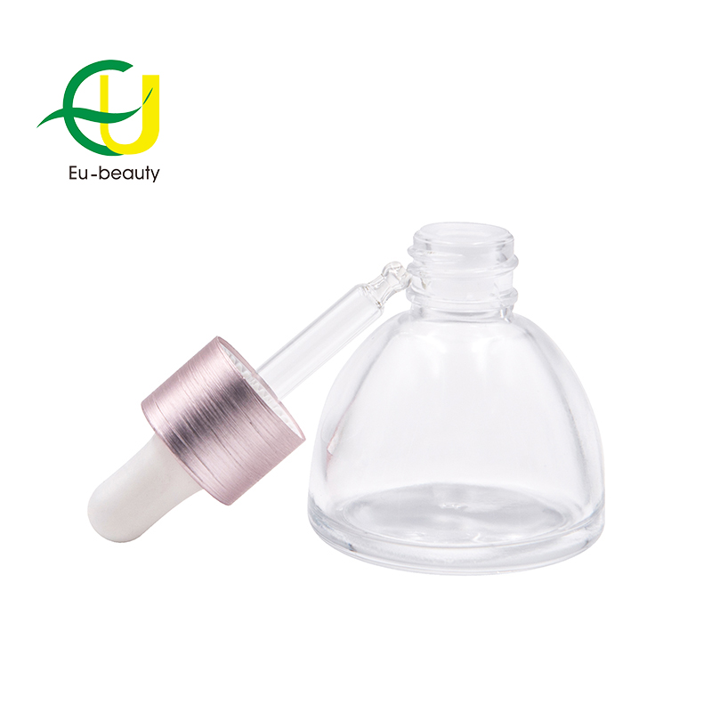 30ml clear glass dropper bottle with pink aluminum collar with white silicone head