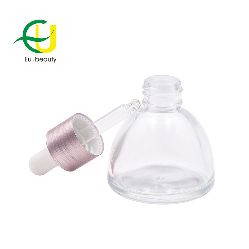 30ml clear glass dropper bottle with pink aluminum collar with white silicone head