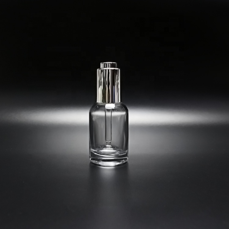 30ml clear glass essence oil bottle with silver push button dropper